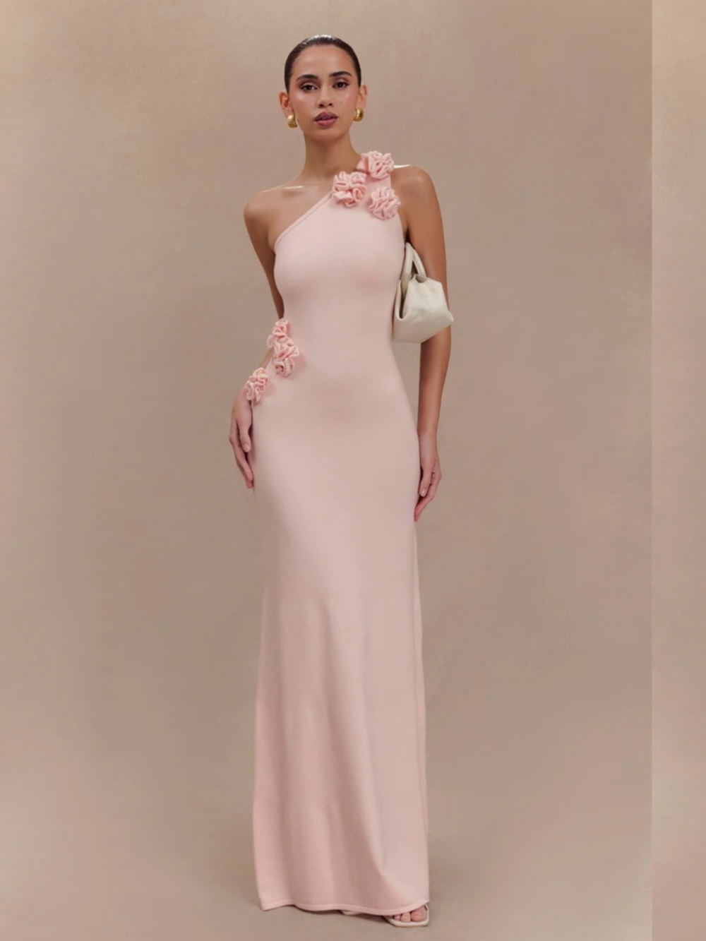 Meshki One-Shoulder Floral Appliqué Gown in Pale Pink